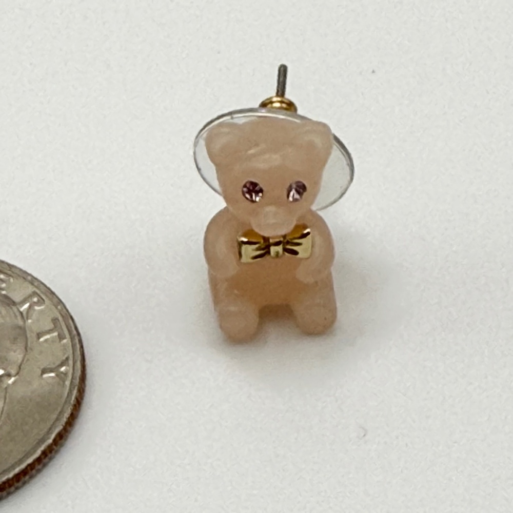 RARE Betsey Johnson Candyland Gummy Bear Earrings – Pink Lucite, Gold Bows, Crys